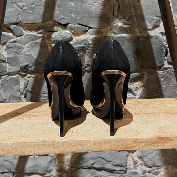 Saint Laurent Black Suede Gold Trim Janis Platform Ankle Booties - Picture 4 of 10